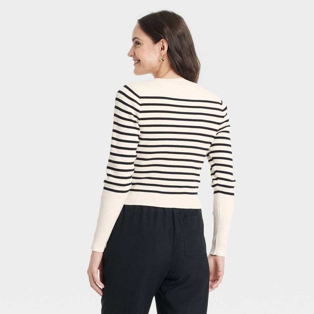 A New Day Cream and Black Rib Striped Cardigan Size M - Picture 2 of 6